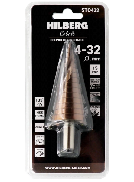 Сверло ступенчатое по металлу 4-32мм HSS-COBALT Hilberg ST0432 - интернет-магазин «Стронг Инструмент» город Самара